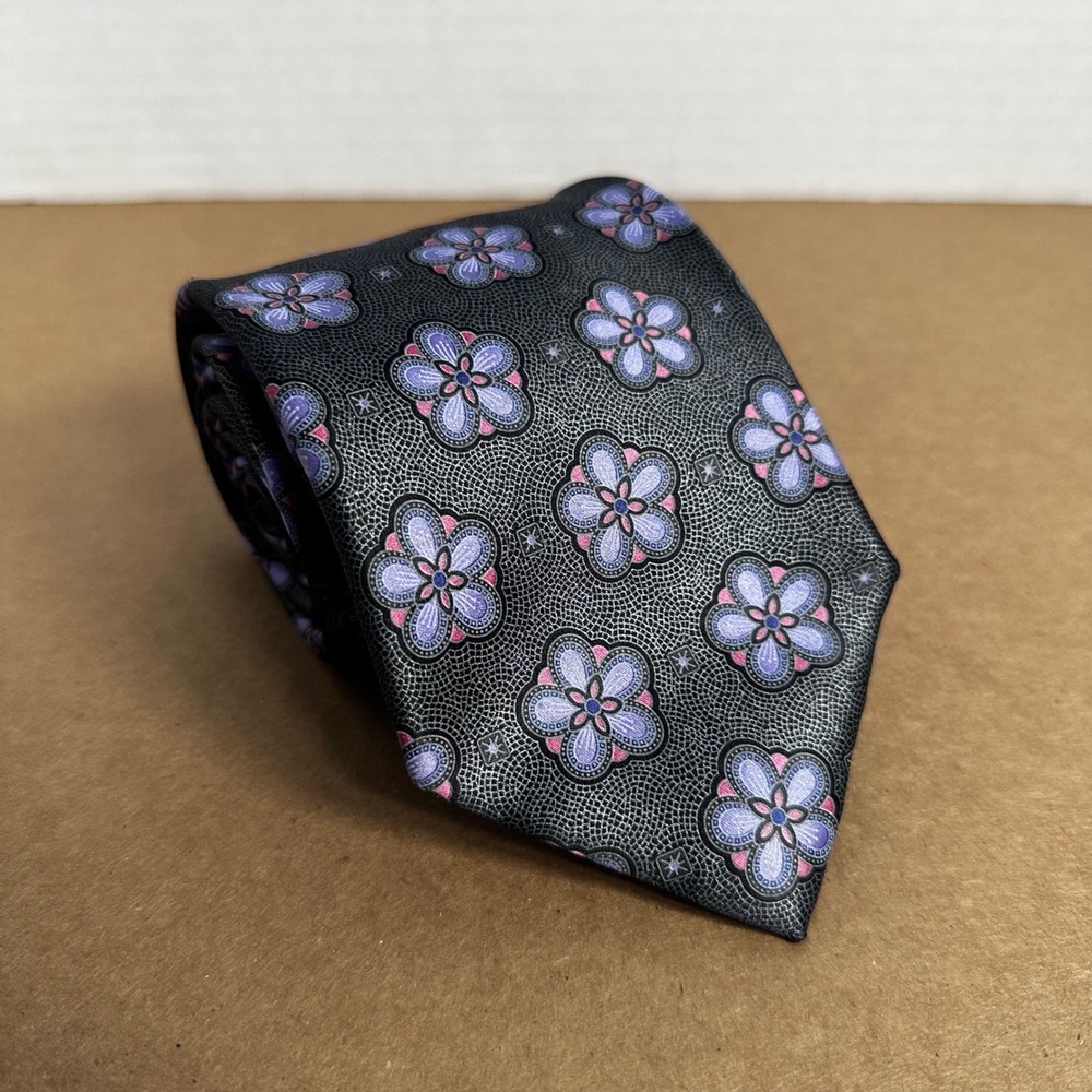 Ermenegildo Zegna Tie Mens XL Grey Purple Floral Silk Made in Italy Excellent
